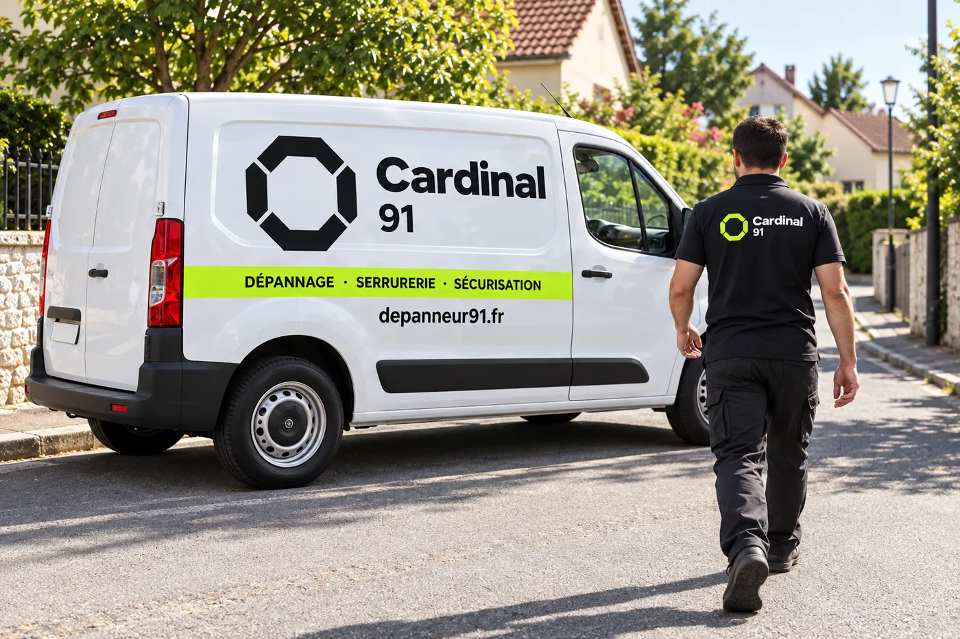 Fourgon Cardinal 91 aux couleurs depanneur91.fr garé dans une rue résidentielle de l'Essonne