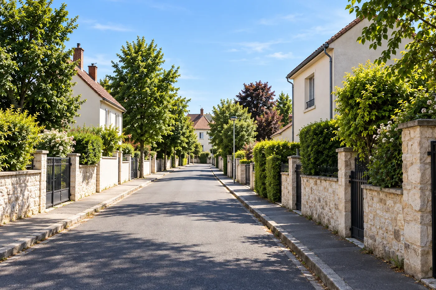 Rue pavillonnaire résidentielle de l'Essonne, murets en pierre et jardins